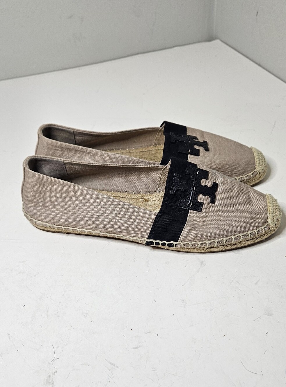 Tory Burch Weston Espadrille Canvas Straw Slip On Flat Shoes Tan Black Womens 10